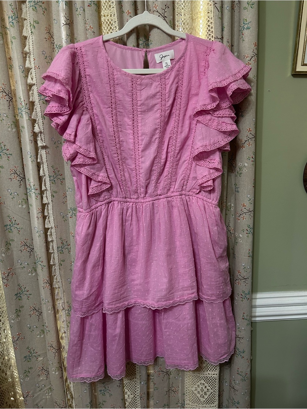 Japna Pink Swiss Dot Flutter Sleeve Tiered Dress XL Cottagecore Boho